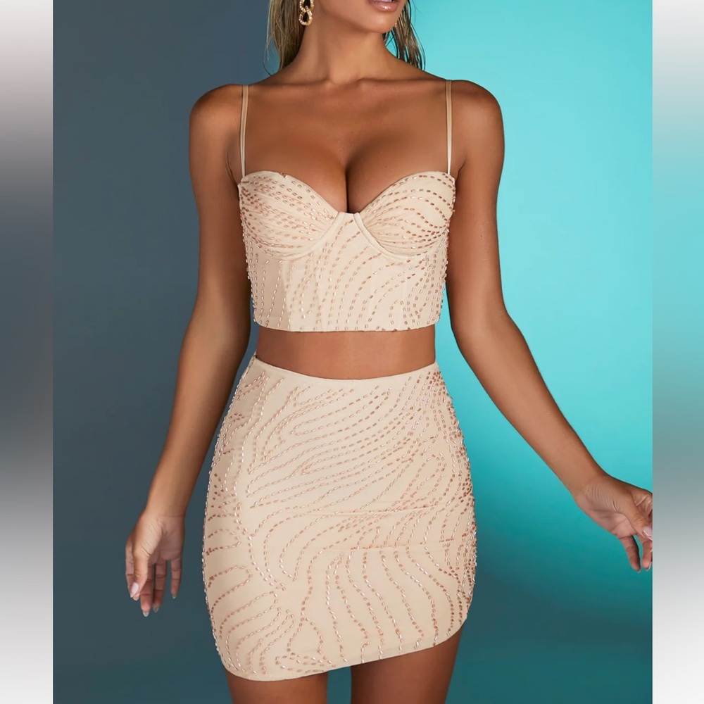 Oh Polly Nude Beaded Bustier Crop Top & Mini Skirt Set